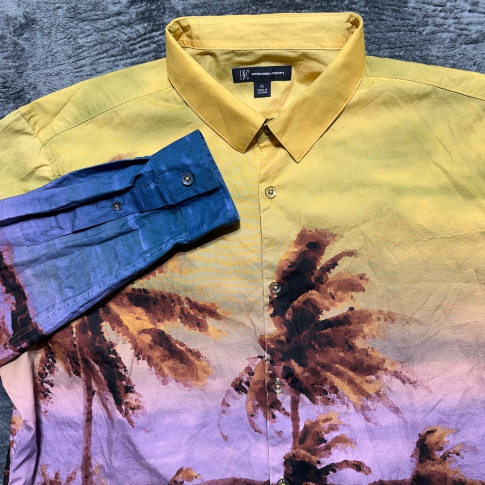 INC International Concepts Button Up Mens XL Multicolor Sunset Palm Tree Shirt